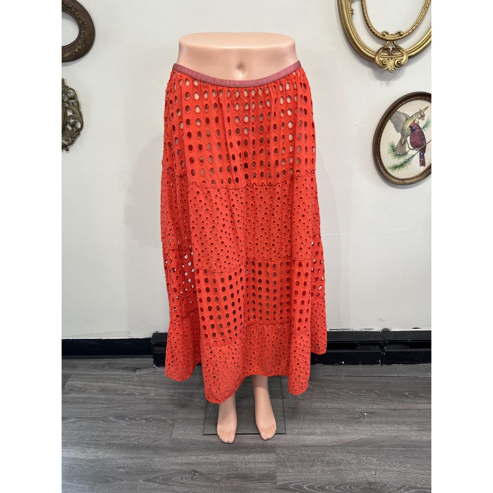 Solid & Striped Red Eyelet Cutout Tiered Midi Skirt Size Small - Picture 1 of 4
